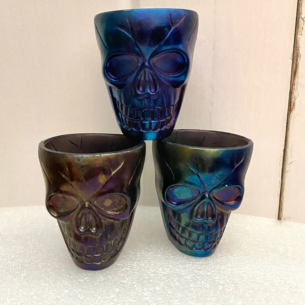 3 SKULL shot glass set iridescent double sided glass mini cup bar lot bundle set
